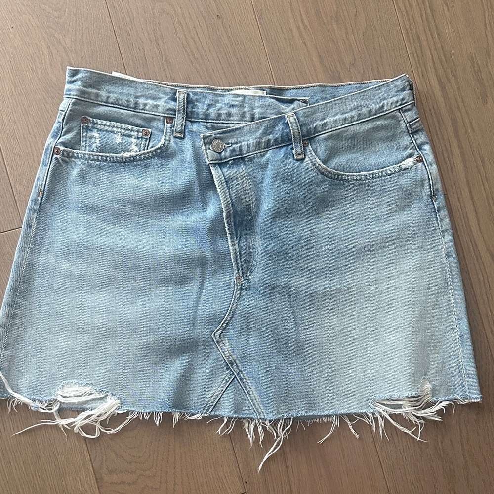 Agolde Light Blue Frayed Hem Mini Skirt